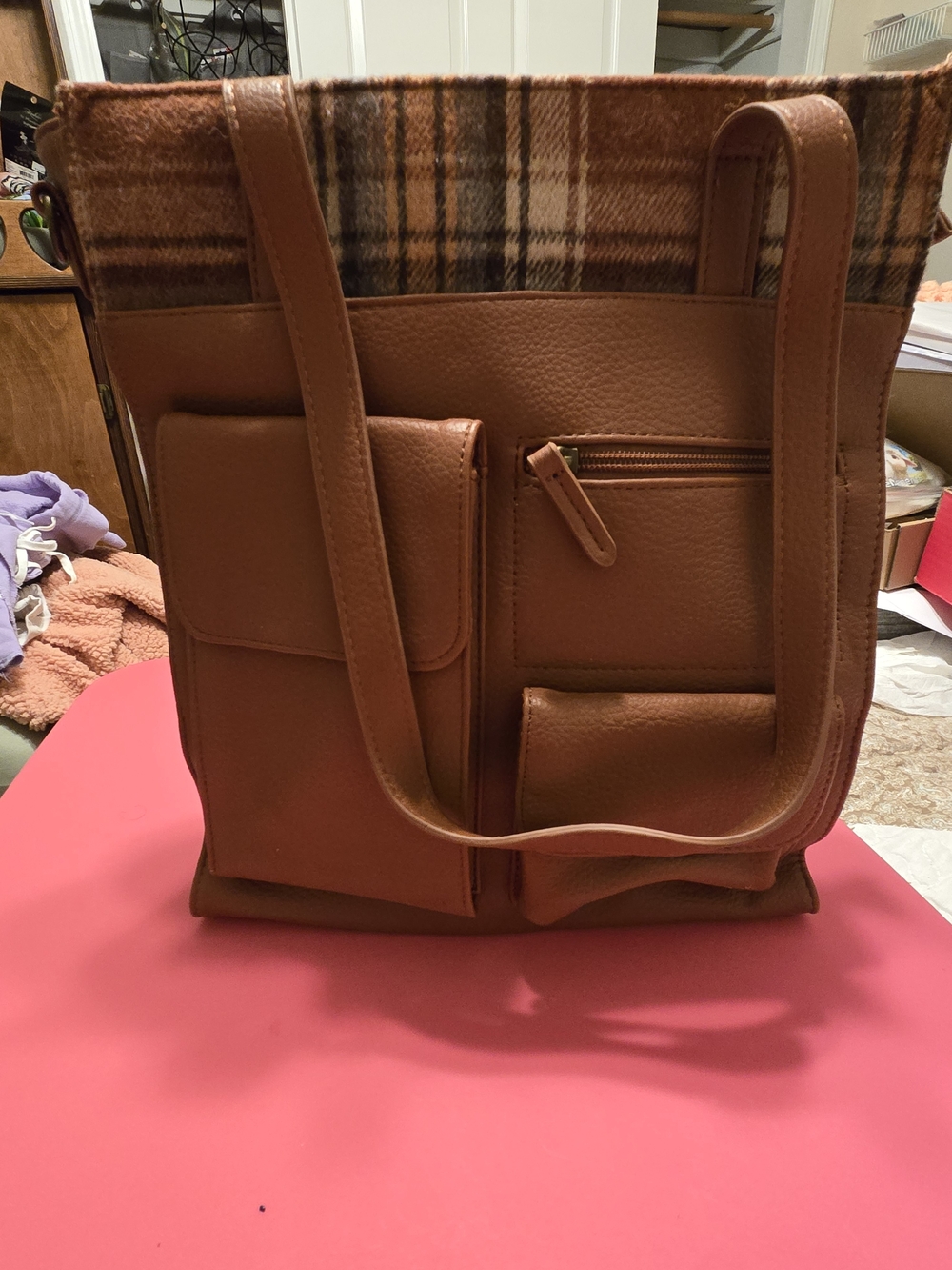 Maurices Brown Tote with Plaid Trim